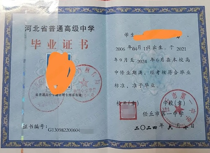 冠县任丘市第一中学高中毕业证样本图片