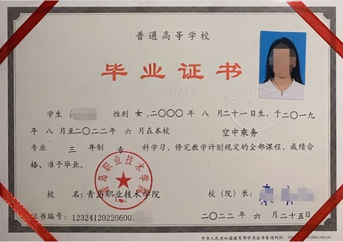 冠县青岛职业技术学院毕业证样本图片